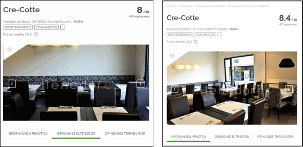 Fig.4 – El Tenedor (Spanish version of The Fork) screenshots online ratings before (left – 5th April 2018) and after (right – 23rd October 2018) the refurbishment.