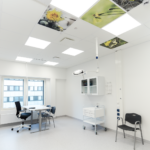 Good acoustics is easy to combine with good aesthetics. Delivery room at Tampere University Hospital with Ecophon Hygiene Performance ceiling and Ecophon Akusto Wall tiles with colors and prints. Photo Outi Aalto.