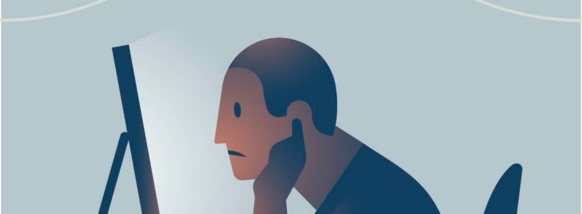 Illustration : Man at computer covering his ears