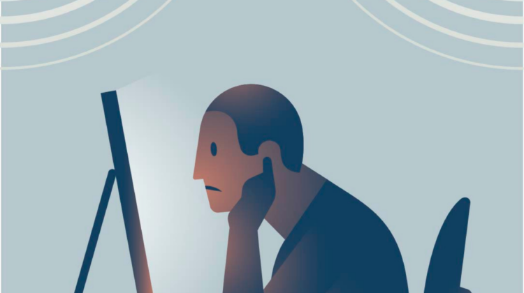Illustration : Man at computer covering his ears
