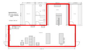 The room (the red marking is the area that was refurbished acoustically).